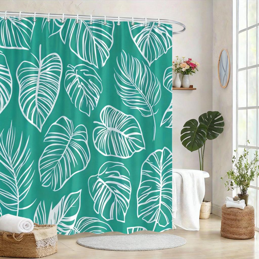 Tropical Leaves Shower Curtain 180x180cm – Olive Green Monstera Pilea Philodendron, Boho Minimalist Bathroom Decor, 12 Hooks