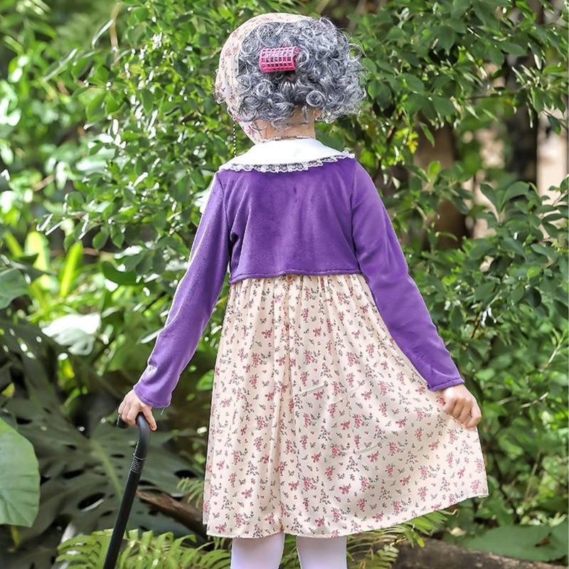 100 Day of School Cosplay Costume Set Kids Old Lady Costume Accessories Faux Pearls Necklace Glasses Crutch Floral Dress
