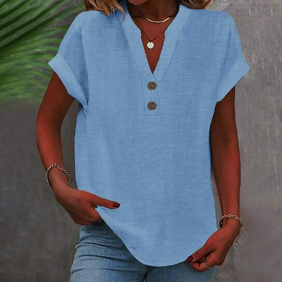 Camicia da donna a maniche corte con colletto alla coreana tinta unita, estate 2024