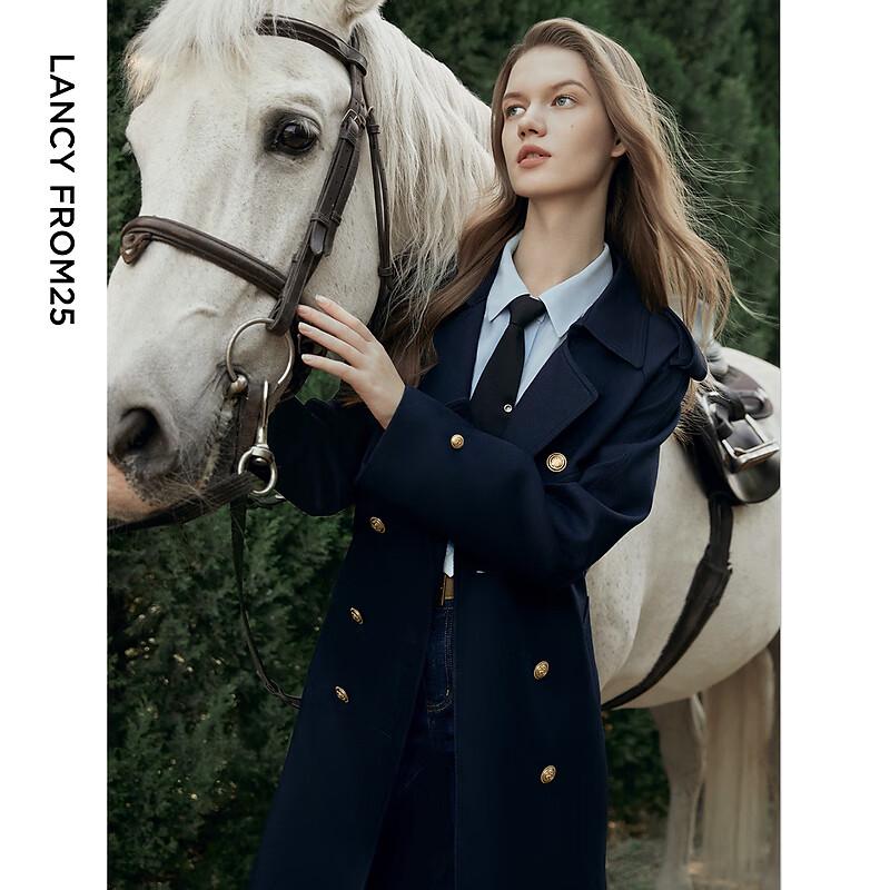 LANGZI Navy Wool Retro Trench Coat