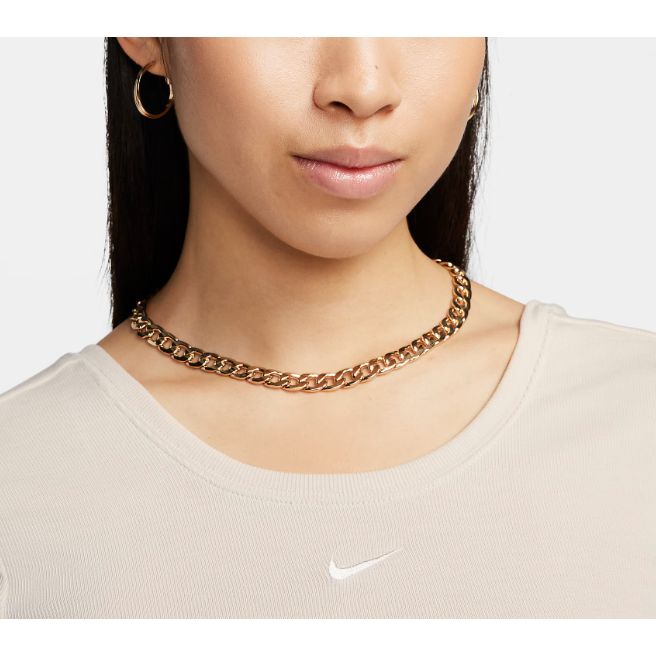 Nike Solid Color Logo Ribbed Round Neck Short Sleeve T-Shirt Women tops Beige FN3664-104