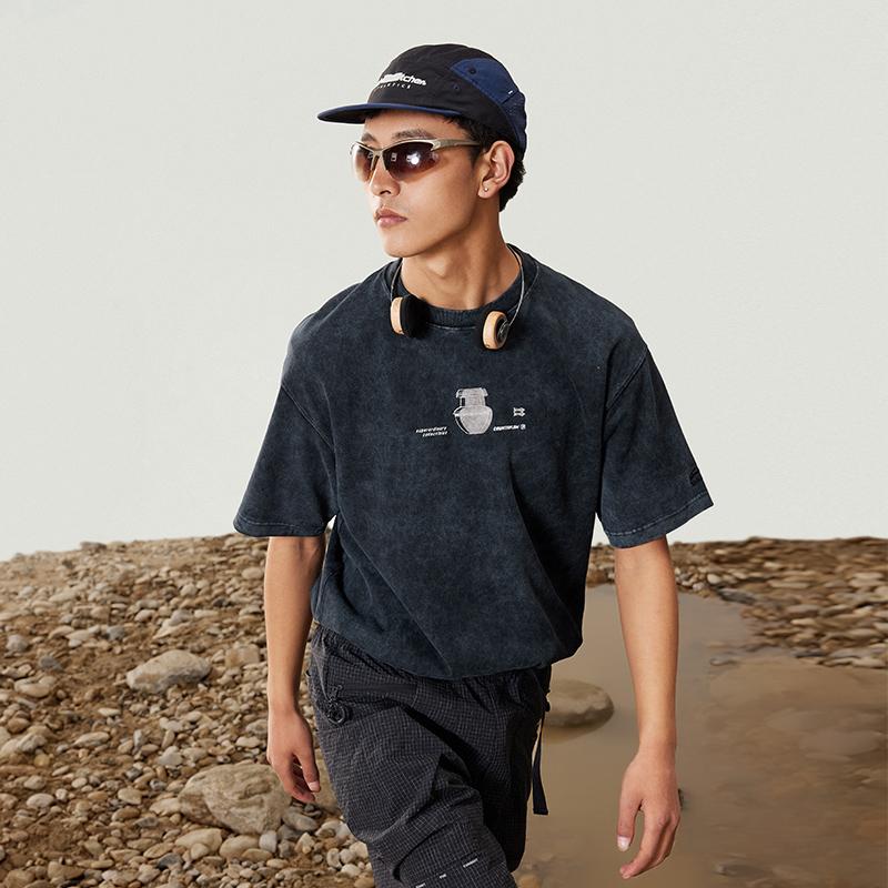 Li-Ning CF Exploration Series Vintage Print Loose Soft Short Sleeve T-Shirt Unisex Tops Black ATSU825-1