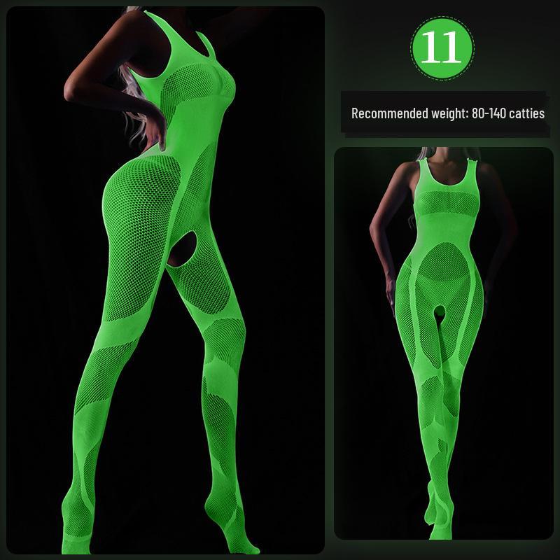 Glow-in-the-Dark Sexy Fishnet Bodysuit with Fluorescent Bandeau and Plus Size Glowing Stockings
