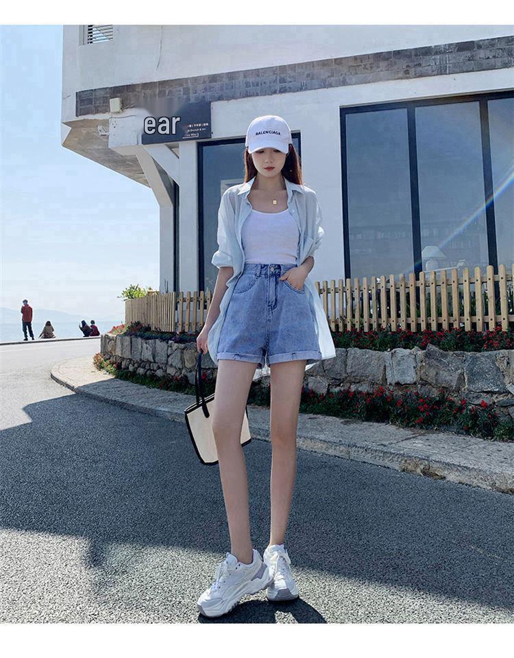 Women's High Waist Denim Shorts - Loose A-Line, Rolled Hem, Summer 2021, Korean Style Trend