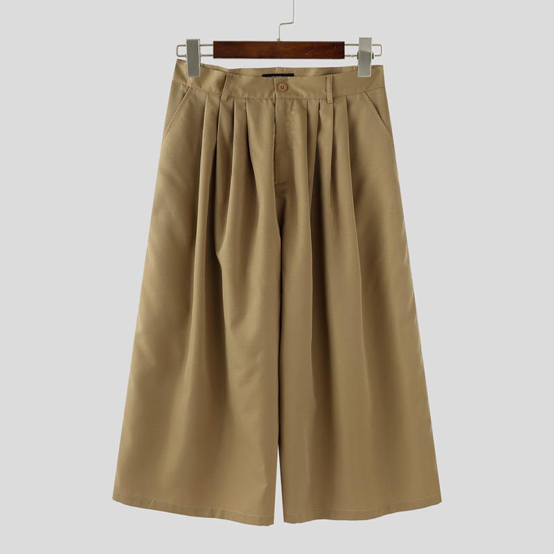 INCERUN Men Zip-up Waist Solid Color Casual Loose Cropped Straight Pants