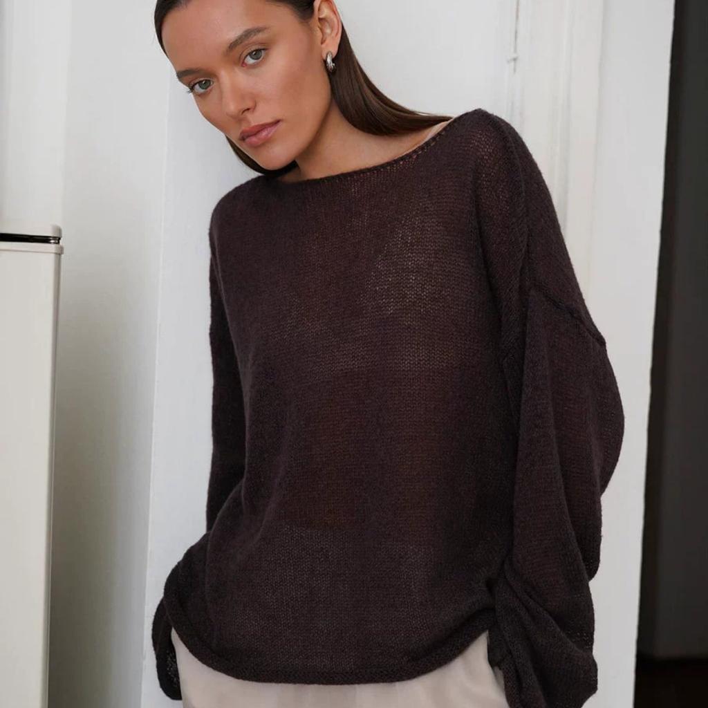 Hollow Knit Sweater Spring and Summer Women's Perspective Thin Section Big Round Neck Flared Sleeve Knitted T-shirt