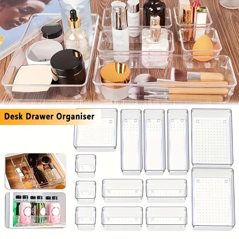 Transparent Desktop Organizer: Built-in Drawer Storage for Stationery and Cosmetics.