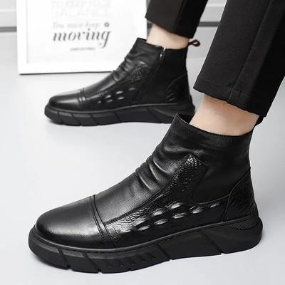 Popular Autumn Winter Mens Ankle Boots Leather Waterproof Casual Leather Shoes Fashion Motorcycle Boot Non-slip Zipper Men Shoes