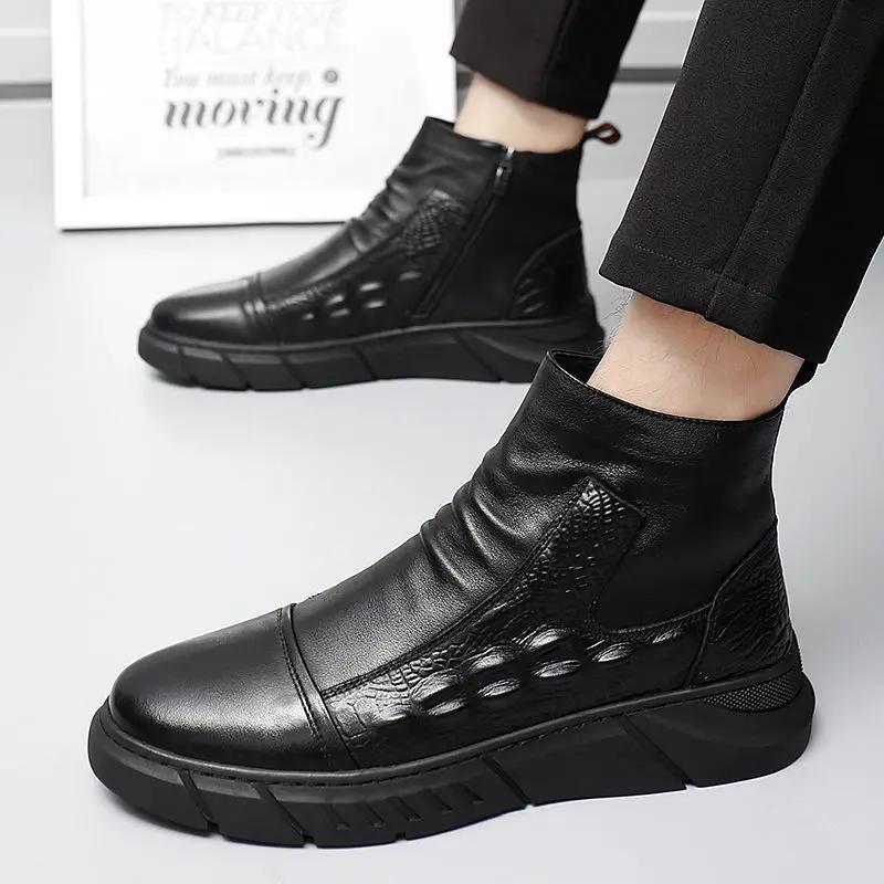 Popular Autumn Winter Mens Ankle Boots Leather Waterproof Casual Leather Shoes Fashion Motorcycle Boot Non-slip Zipper Men Shoes