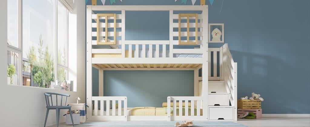 Bunk Bed 90x200 cm White Cabin Style with Wooden Windows and Stair Cabinet, with 2 Sleeping Surfaces, Slatted Frame Included, EN 747, without Mattress