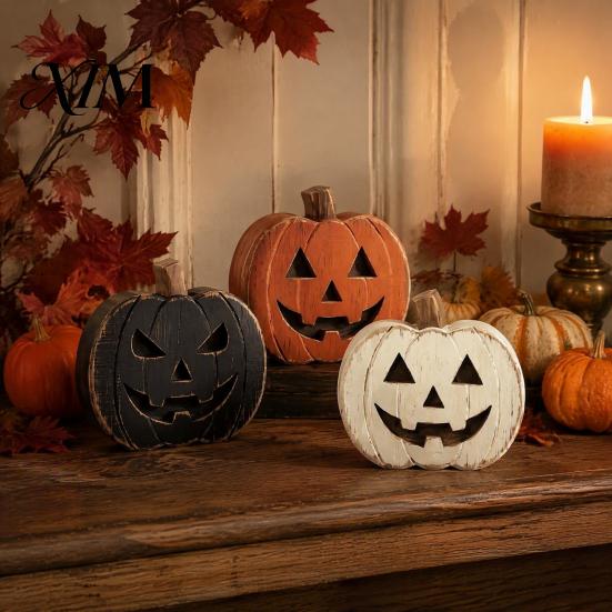 Trick or Treat Decorations 3Pcs Halloween Pumpkin Tabletop Decor, Rustic Face Wooden Block Table Ornaments Ornaments, Farmhouse Desktop Craft for Home