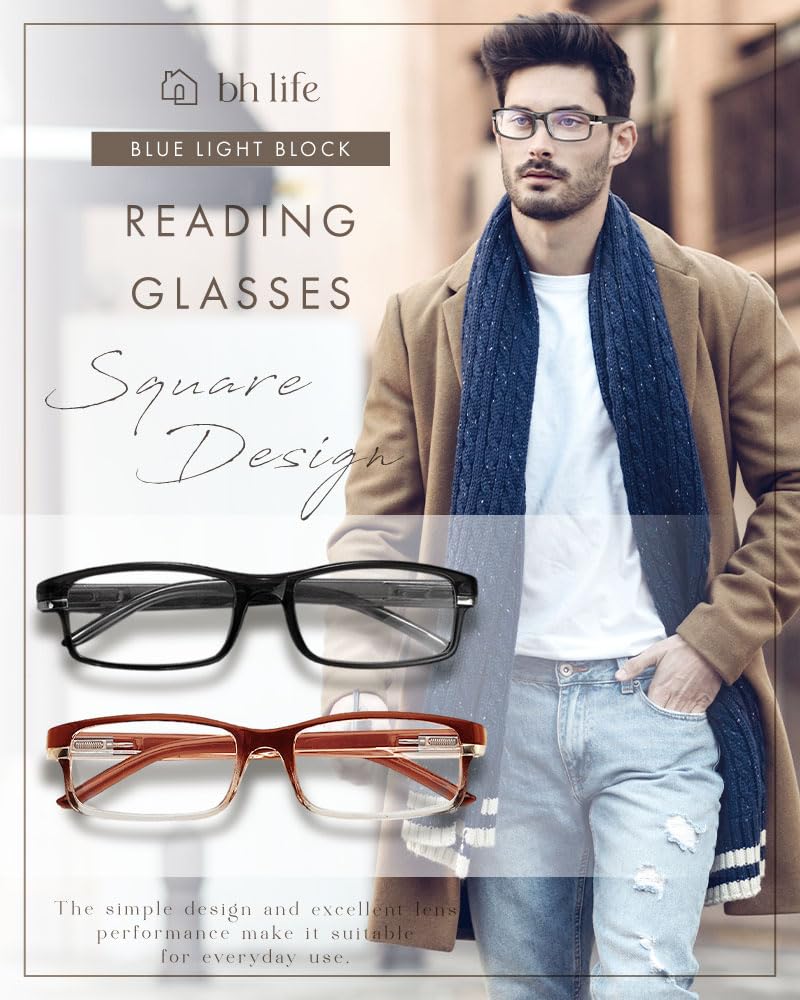 Stylish Reading Blue Light Prescription Lenses Available in [bh life] Men's Glasses, Blocking, Compact, Lightweight, 1.0, 1.5, 2.0, 2.5, 3.0, 3.5, 4.0