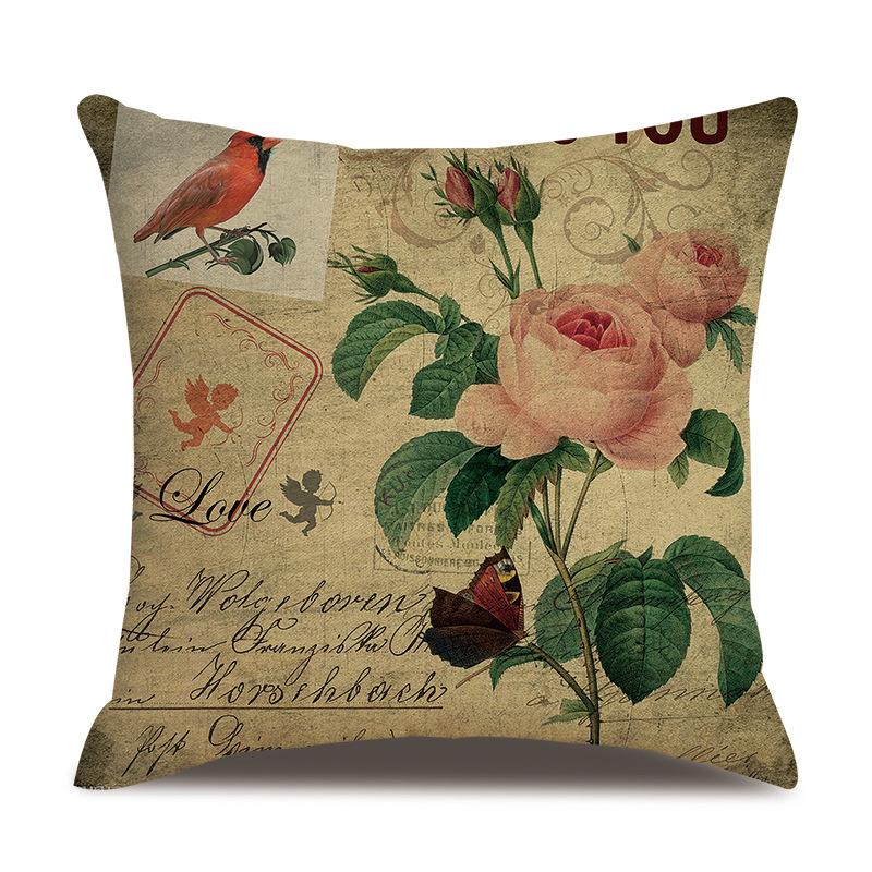 Linen Pillowcase American Rustic Rose Sofa Cushion Cover Retro Style Car Home Soft Decoration
