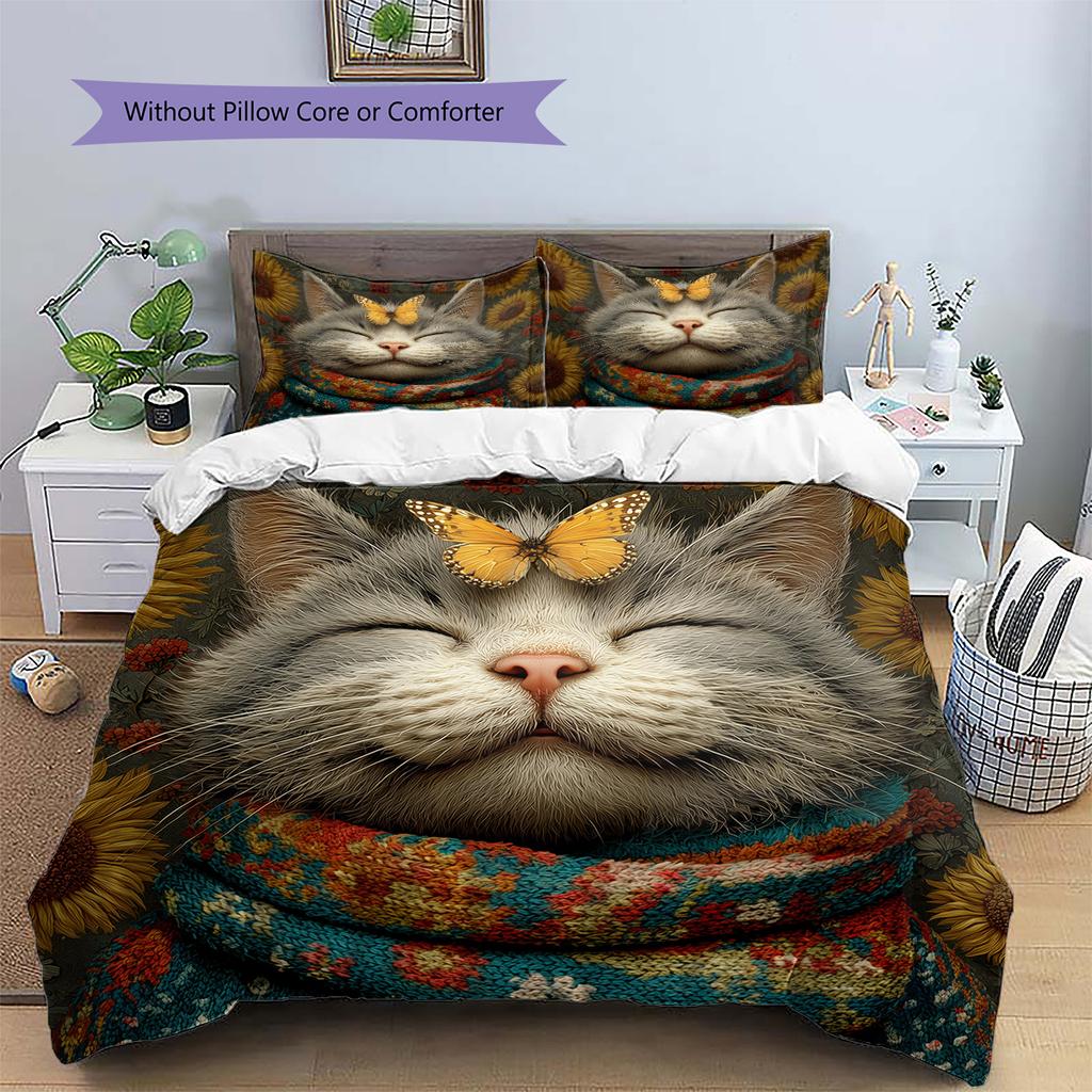 Tabby Cat Pattern Bedding Quilt Set Quilt Cover Pillowcase Home Decoration Gift (1 * Duvet Cover + 2 * Pillowcase, Without Core)