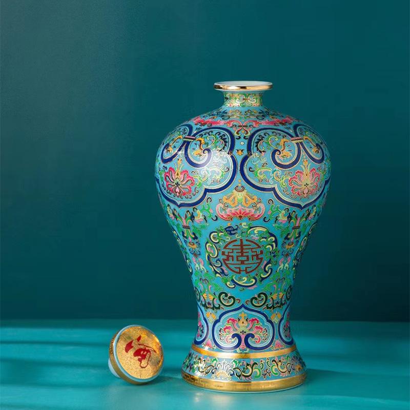 Exquisite Famille Rose Cloisonné Enamel Wine Jar Ornament, 1 Jin/5 Jin Capacity
