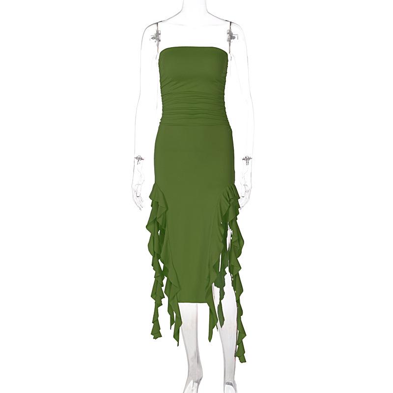 Summer New Y2K Sexy Hot Girl One-shoulder Jellyfish Style Fungus Sexy Breast-wrapped Irregular Dress L армия зеленый