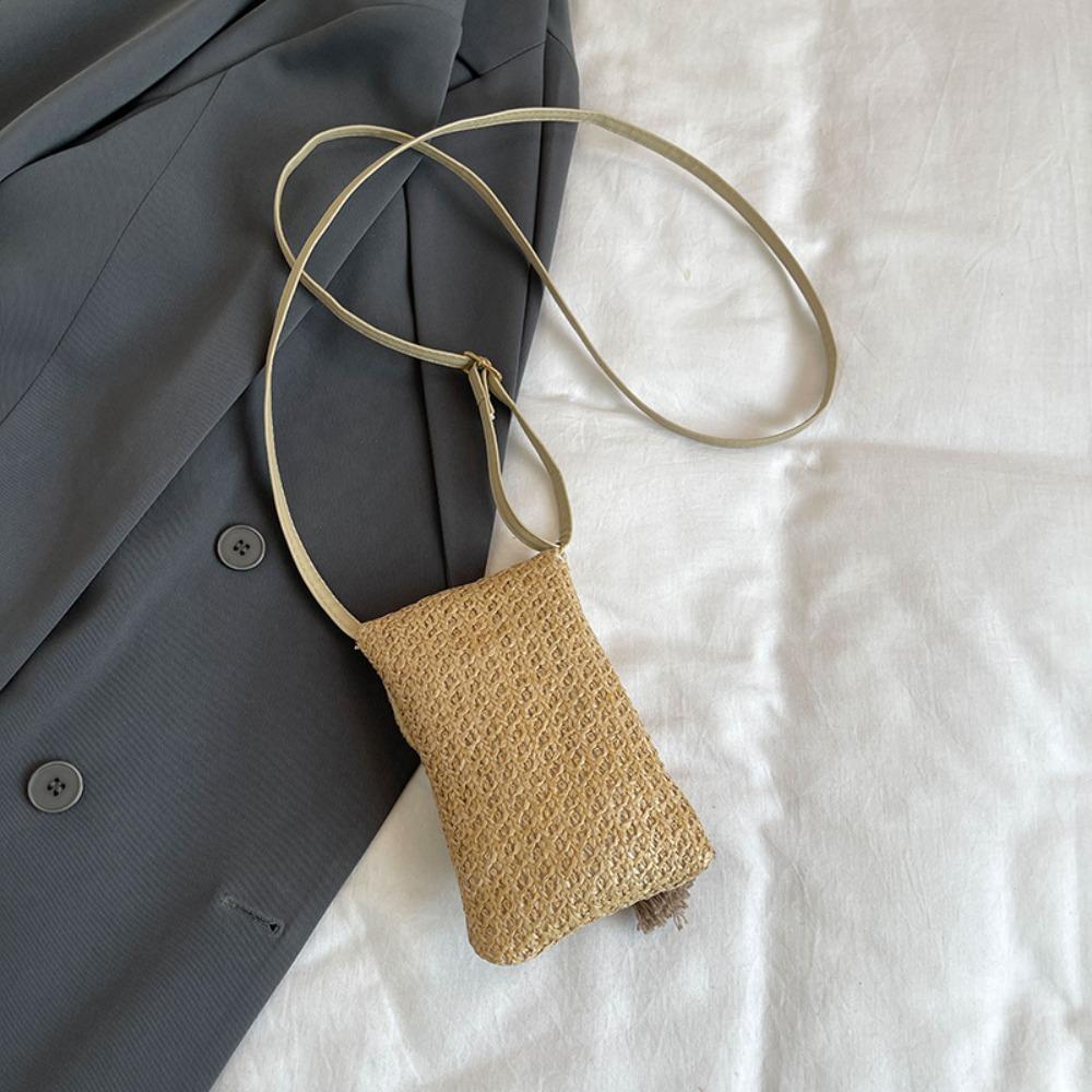 Elegant Woman Phone Pouch Weaving Crossbody Bucket Bag Casual Woven Beach Bag Beach