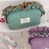 Elegant Vintage Gingham Cosmetic Makeup Bag Ruffled Edges Large Capacity Beauty Bags Sweet Organizer Lace Clutch Gifts