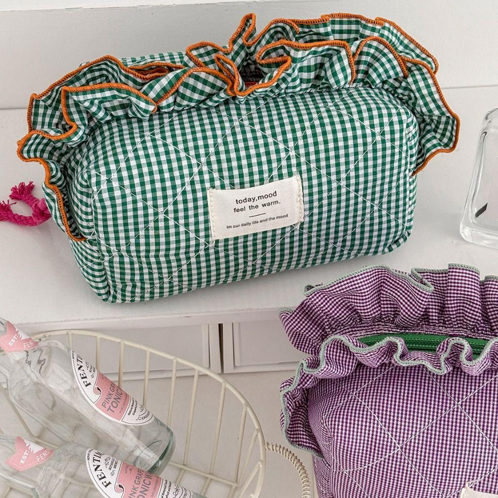 Elegant Vintage Gingham Cosmetic Makeup Bag Ruffled Edges Large Capacity Beauty Bags Sweet Organizer Lace Clutch Gifts