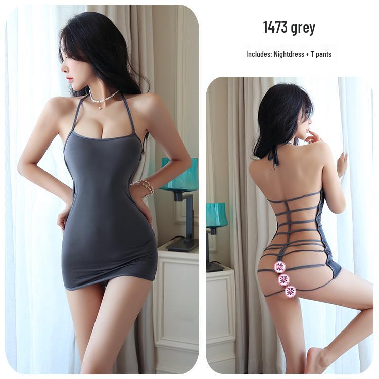 Seductive Long Night Backless Lingerie with Open Crotch