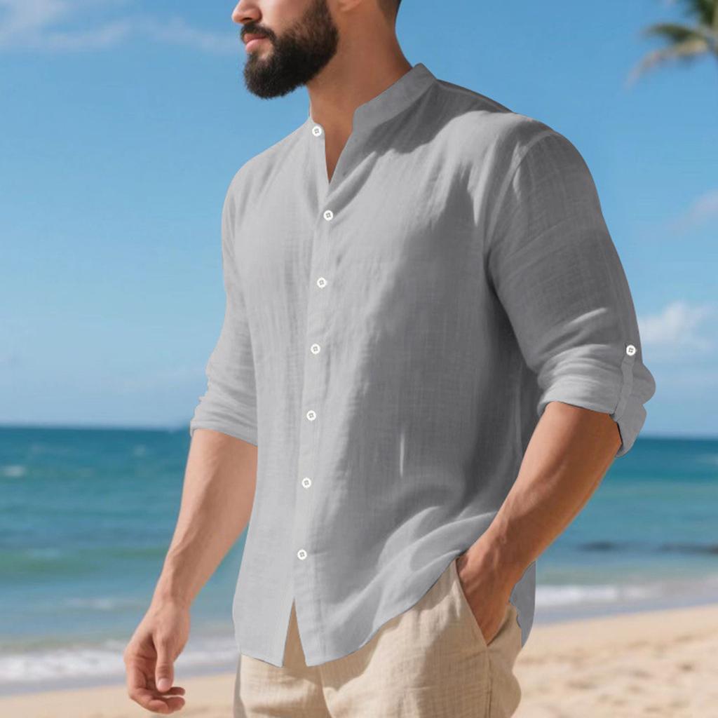 Men's Linen Button-down Shirt, Beach Shirt, Long-sleeved Plain-colored Stand-up Collar, Spring Casual Everyday Wear