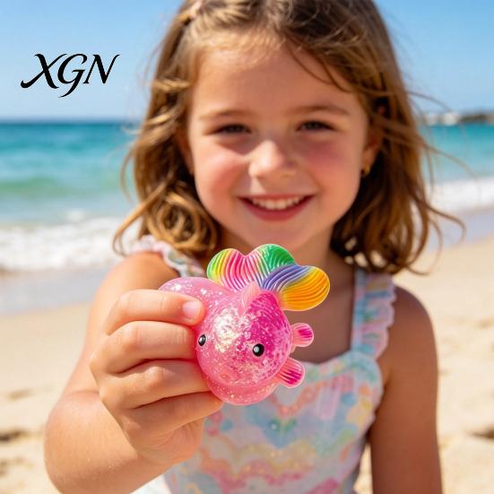 Anxiety Relief Toy Rainbow Tail Goldfish Squeeze Stress Clear Glitter Fish Sensory Portable Reliever Soft Stretchy Shape Home Office Desk Ball