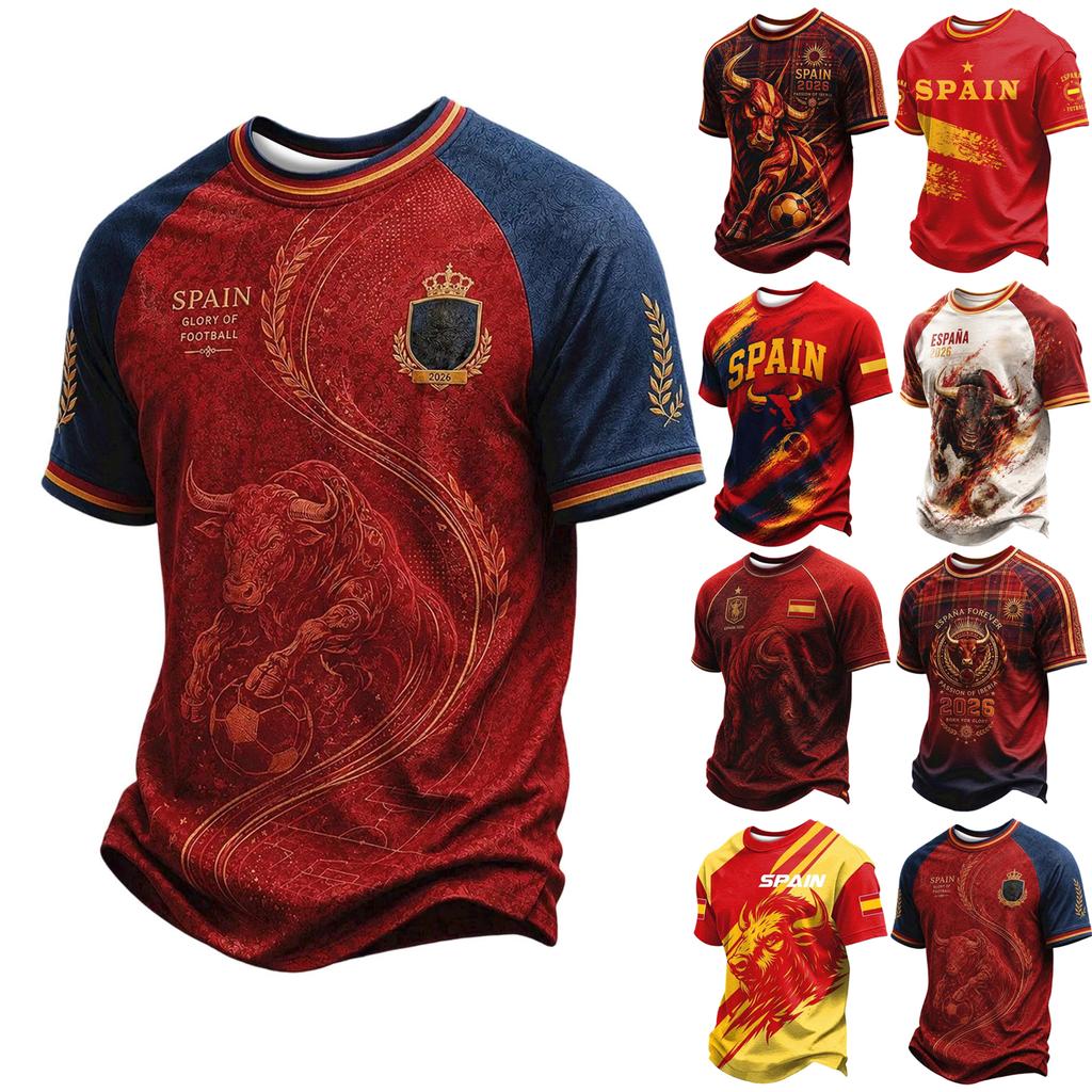 Men's Classic Crew Neck Football T-Shirt Spain Inspired Graphic Print Casual Fit Short Sleeve Top for Sports and Everyday Wear