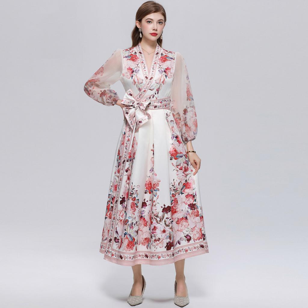 Wunderschönes Blumenwickel-Langarmkleid Damen V-Ausschnitt Laternenärmel Chiffon-Patchwork Dickes Satin-Band-Schnürgürtel Partykleid