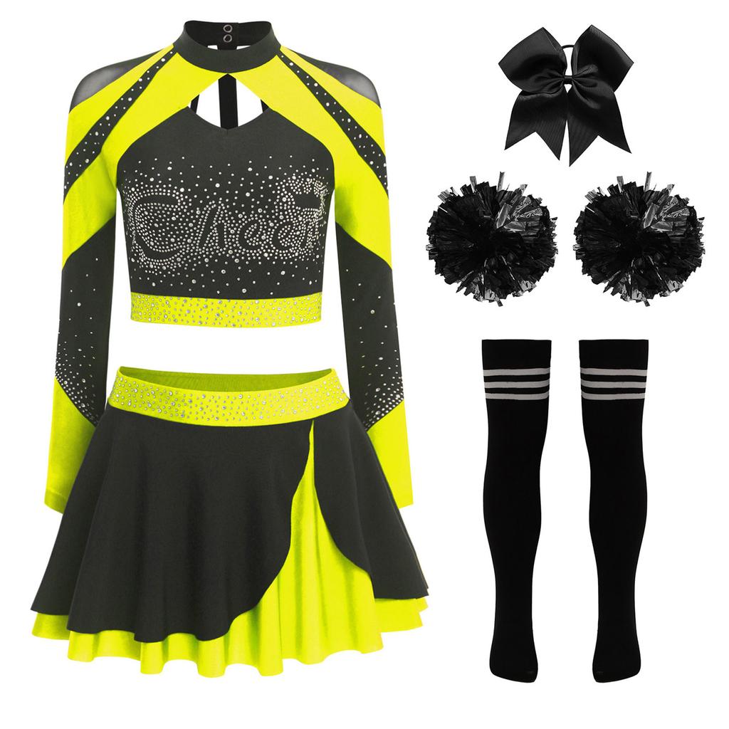 Uniforme Brillante da Cheerleading da Donna Manica Lunga Strass Crop Top Gonna da Pattinaggio
