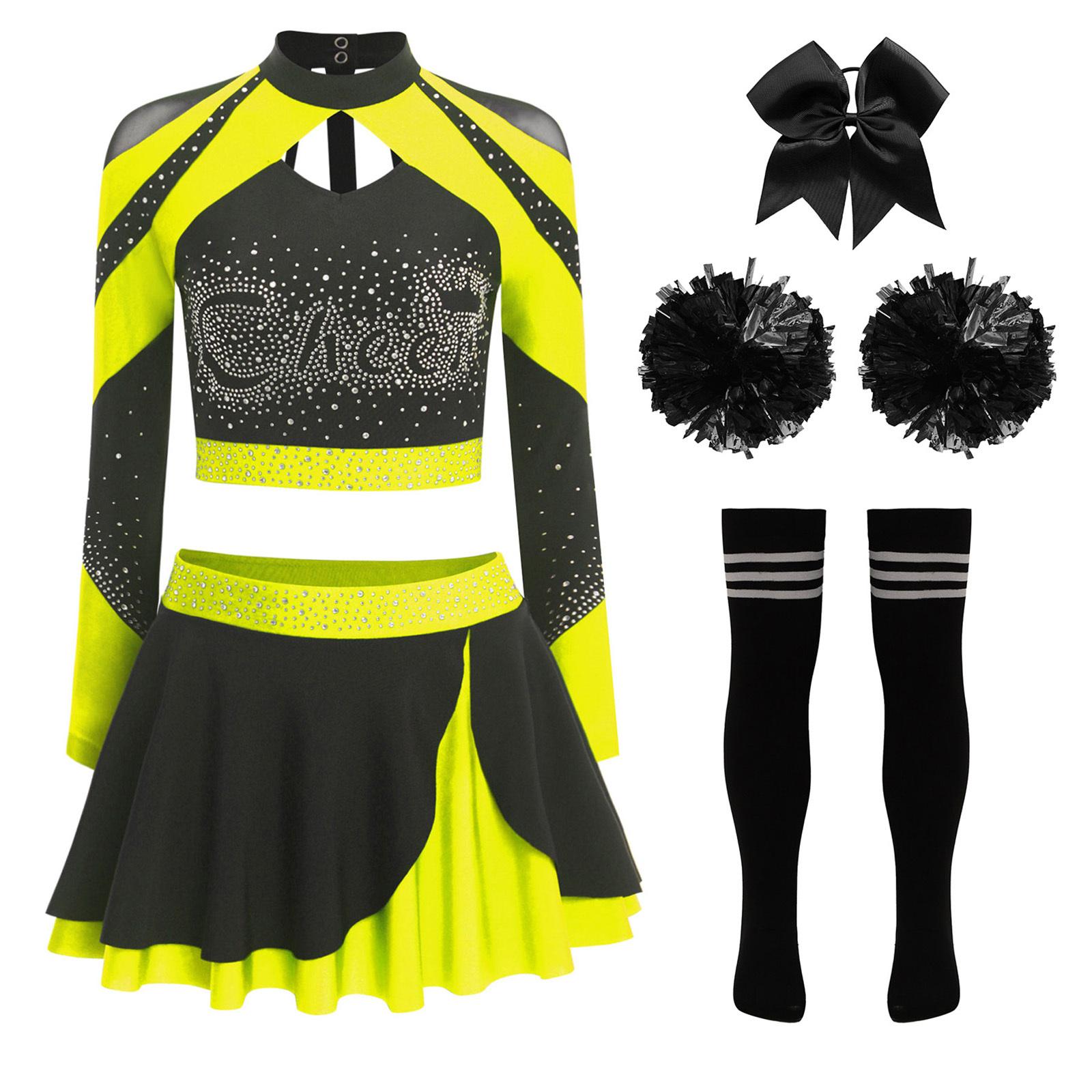 

Womens Shiny Cheerleading Uniform Long Sleeve Rhinestones Crop Top Skating Skirt S