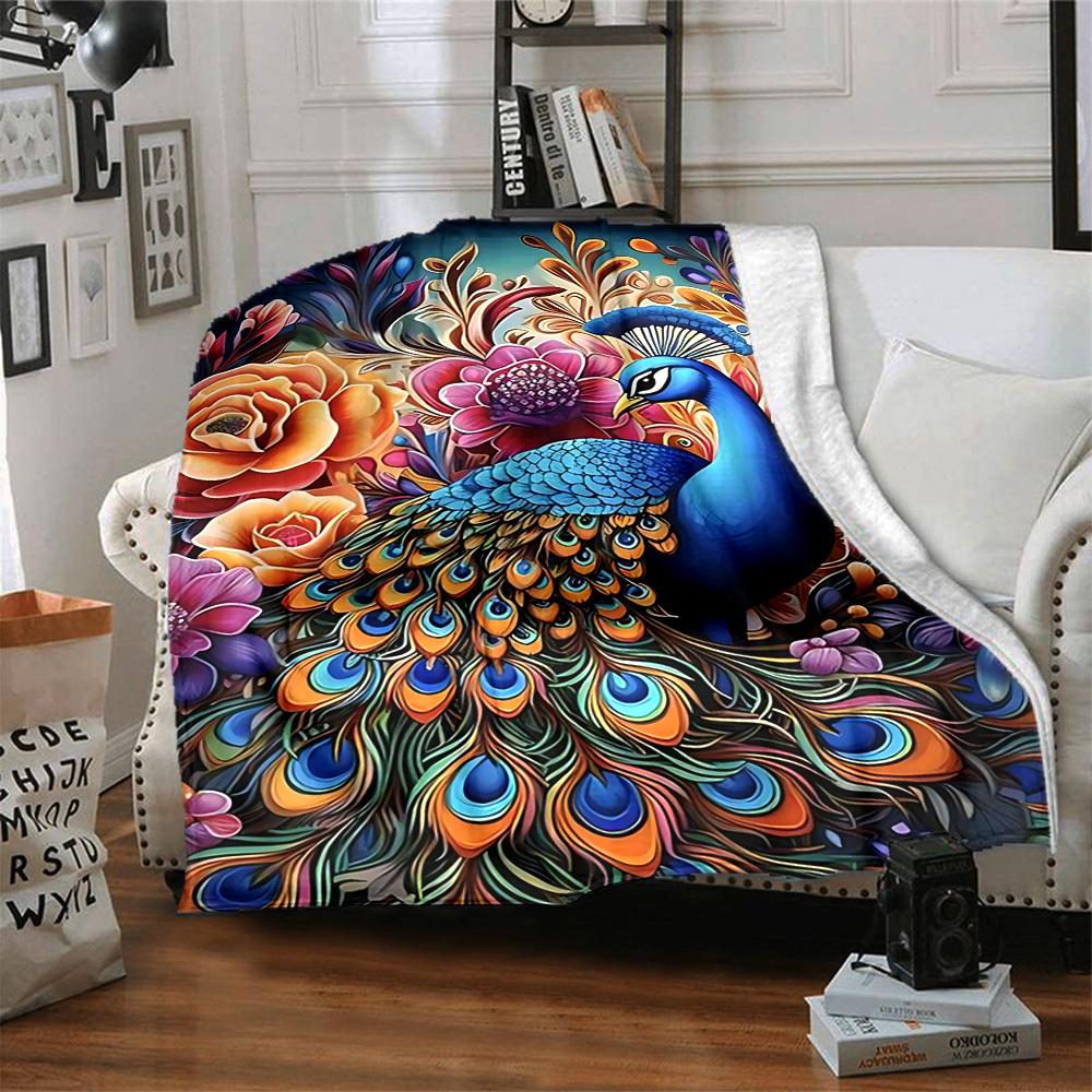 1pc Peacock Feather Print Blanket Lightweight Flannel Blanket Throw Blanket For Sofa, Bed, Travel, Camping, Livingroom, Couch, Chair, And Bed Yy250902