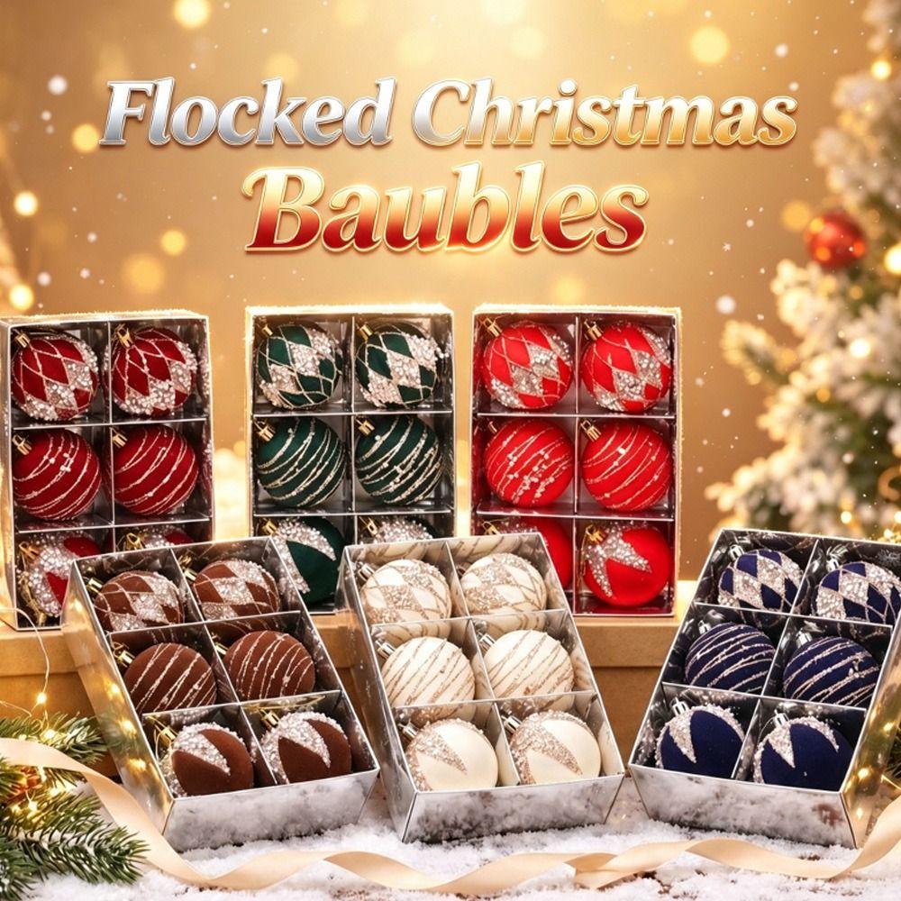 Gifts 6cm Christmas Ball Ornaments Flocked Glitter Accents Flocked Christmas Baubles Holiday Ball Ornaments Christmas Tree Decor