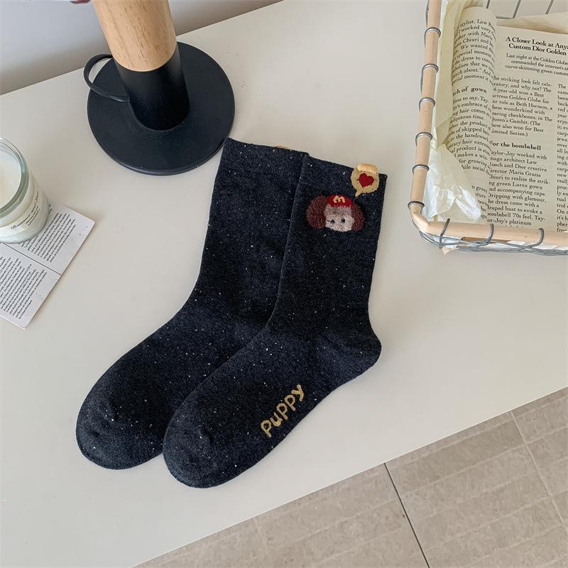 Sweet Plush Dog Student Mid-calf Socks for Girls Autumn and Winter School Style Cute Polka Dot Lace Pile Socks