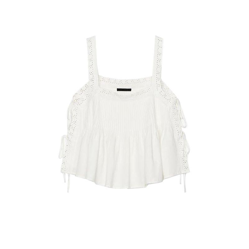 

Za Summer Women clothes Wide Pleat Decorative Linen Blend Straight Collar Design Bowknot Decoration Embroidery Top 0881037 Ground White L