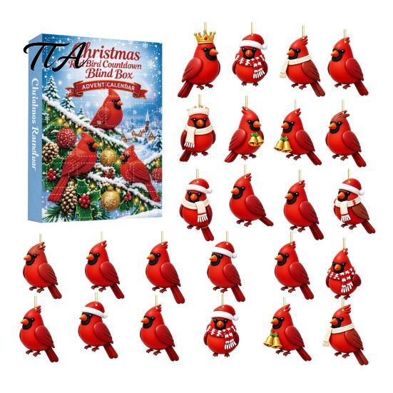Acrylic Ornament Collection Red Bird Advent Calendar, 24-Day Christmas Countdown Set with Ornaments, 2D Tree Hanging Decor, Holiday Gift for