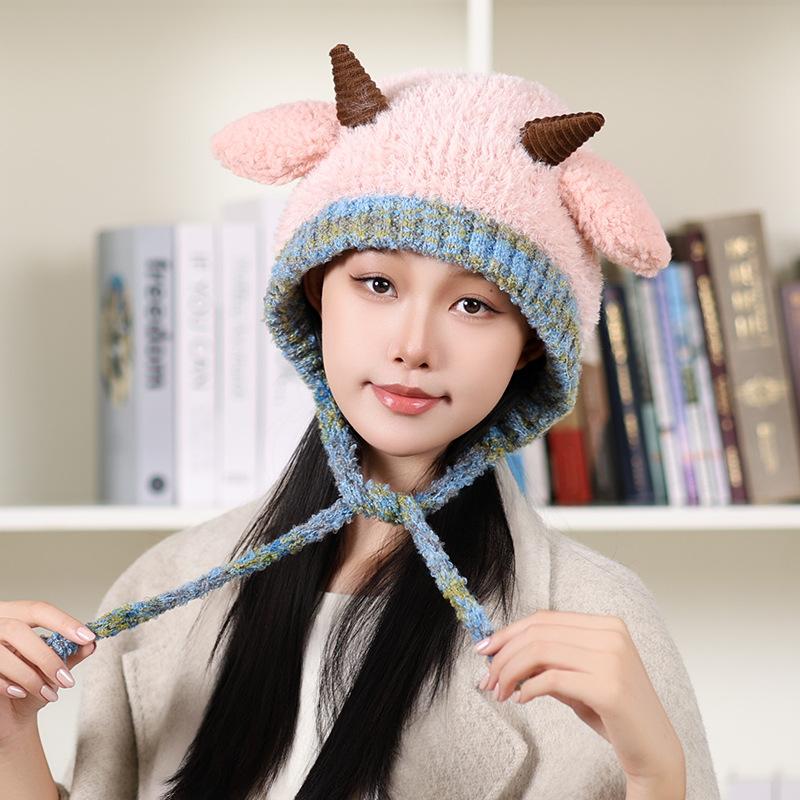 Cute Korean Double-Layer Thick Version Lamb Ears Knitted Ear Protection Loose Big Head Circumference Warm Cold Proof Plush Hat
