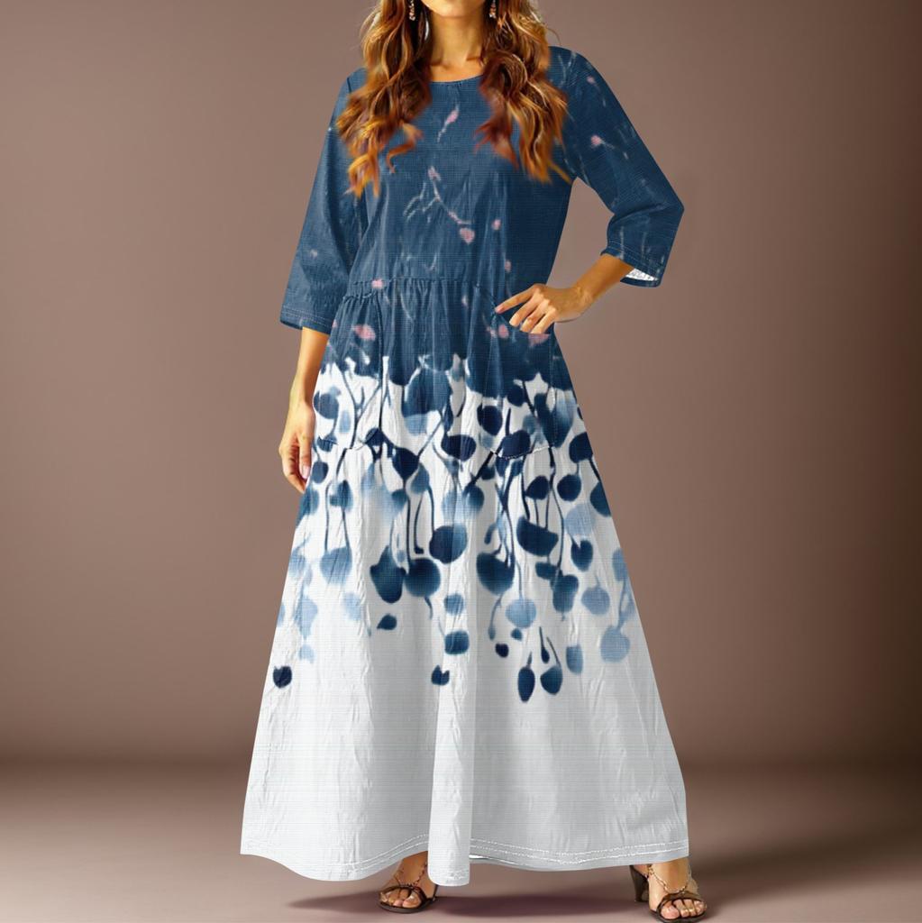 Women's Casual Fashion Floral Print Three-quarter Sleeve Long Dress With Pockets