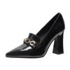 Comemore 2025 High Heels Dress Shoes Zapatos Mujer Pointed Toe Woman Pumps Black Brown Patent Leather Chain Slip On Square Heel