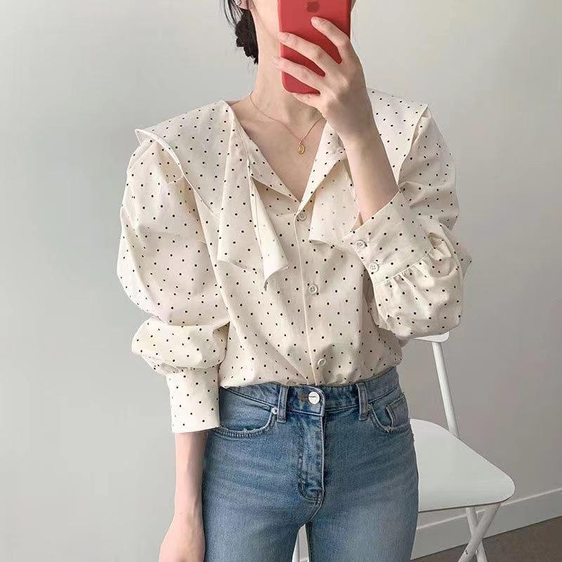 Korean Fresh Age-Defying Polka Dot Peter Pan Collar Puff Sleeve Loose Top - 2025 Spring/Autumn Collection