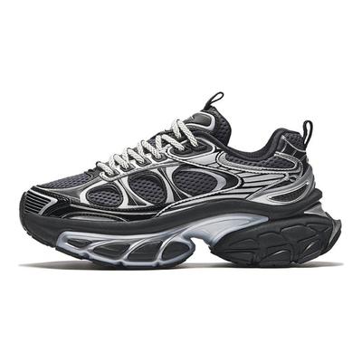 Fuyou Leather Mesh Splicing Retro Non-Slip Wear-Resistant Low-Top Dad Shoes Women Sneakers Black Silver 122438897-4