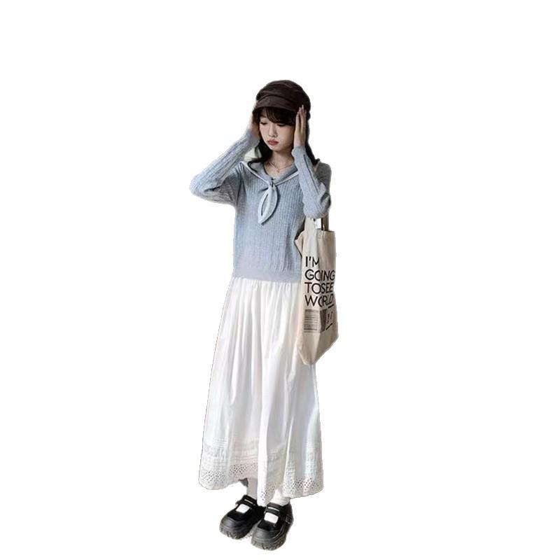 Spring 2026 Korean Slimming Lace-Trim White Midi Skirt