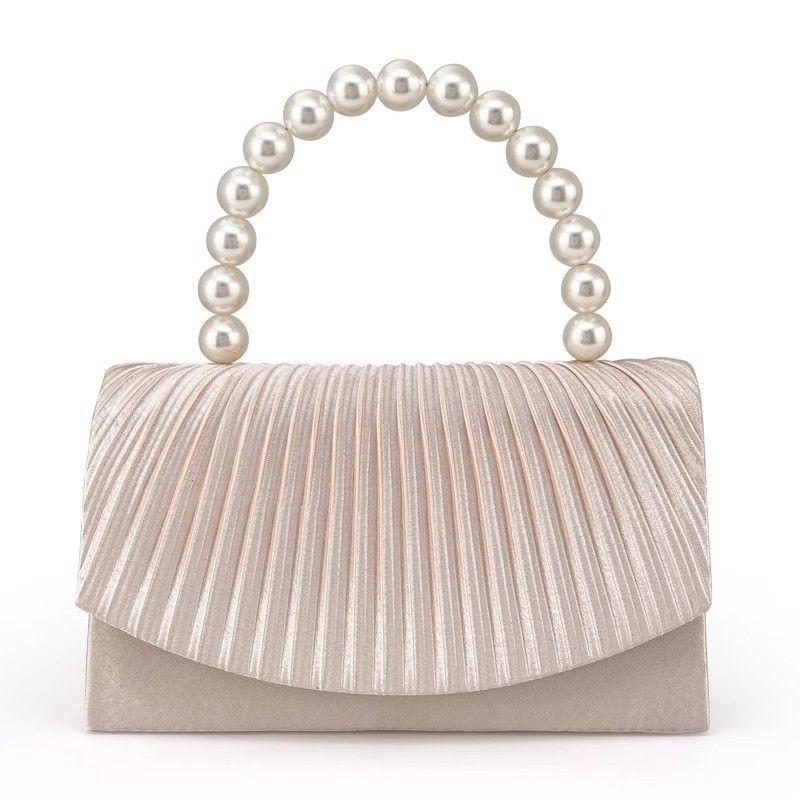 Beige Pleated Handbag Women Pearl Handle Flap Shoulder Bag Ladies Elegant Fashion Banquet Desiqner Luxury Crossbody Bag 2025 New