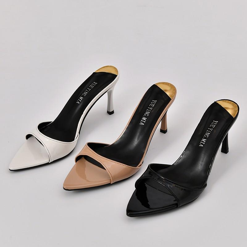 Fashion Summer 2025 New Pointed High Heels with Thin Heels Half Slippers Women's Lacquer Leather Bare Color Versatile Simple Sandals