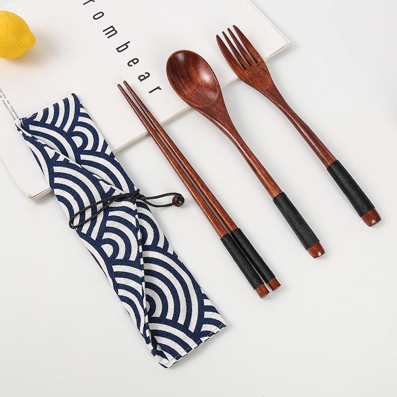 Japanese Wooden Cutlery Set: Spoon, Fork & Chopsticks with Old Lacquer Nanmu and String Tie