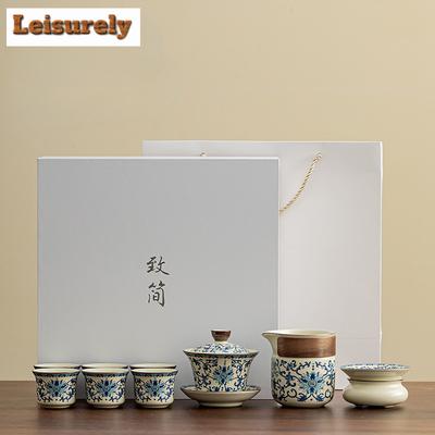 Set de ceai ceramic albastru și alb Ru Kiln chinezesc, infuzoare de ceai rafinate, ceașcă de ceai Klit Kung Fu, ceainic portabil Gaiwan, cești de ceai, cadouri