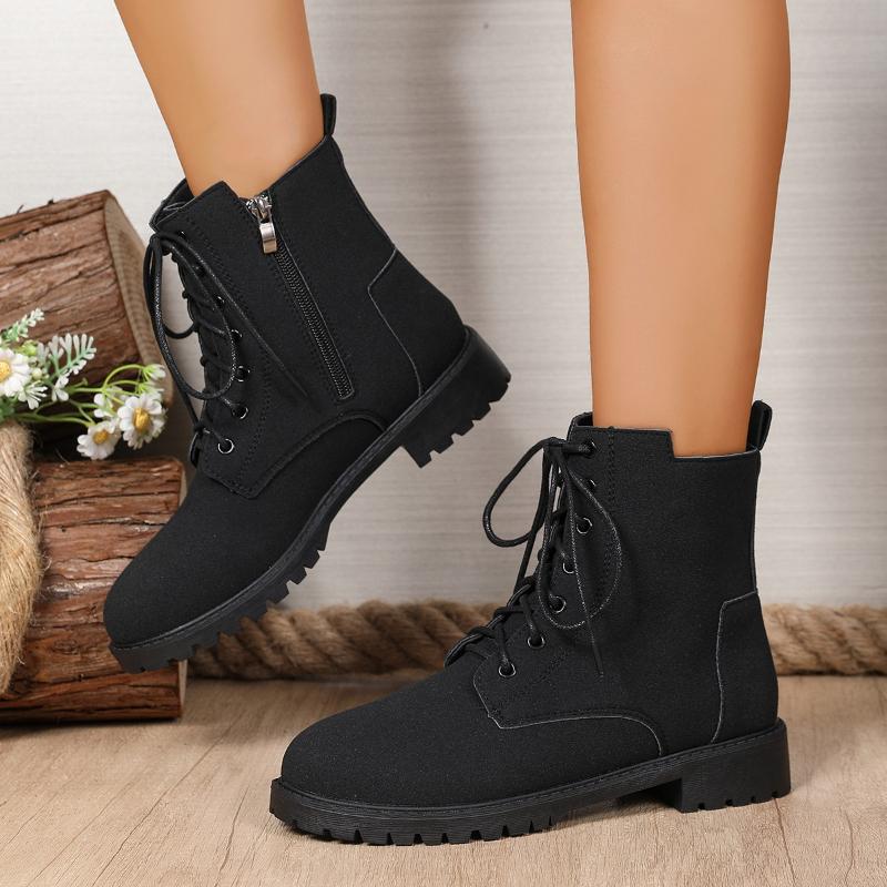 Retro Solid Zip Ankle Boots for Women Autumn Winter Square Heel Lace-Up Women\'s Boots Plus Size Round Toe Shoes of Woman