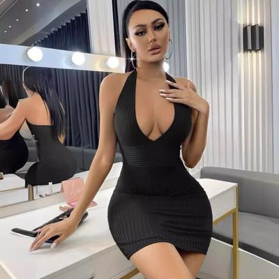 Kadın Yaz Derin V Yaka Kolsuz Düz Renk Elbiseler