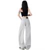Spring Summer Lace Trim Raised Side Seam Design Slim Relaxed Saber Cut High Waist Denim Pants For Women Casual Pants Oversize Denim Trousers