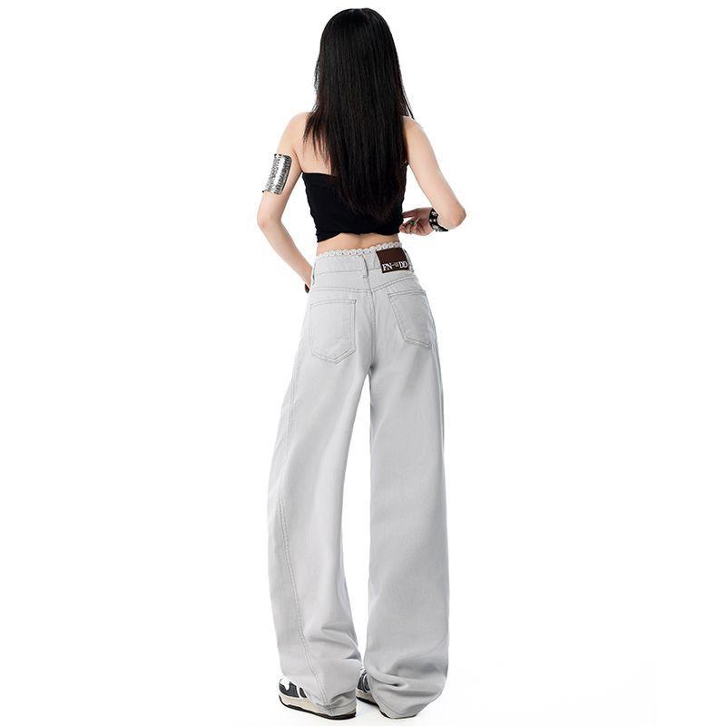 Spring Summer Lace Trim Raised Side Seam Design Slim Relaxed Saber Cut High Waist Denim Pants For Women Casual Pants Oversize Denim Trousers