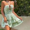 Léto 2025 Dámské mini šaty bez ramínek s květinovým potiskem, na špagetová ramínka a se zavazováním